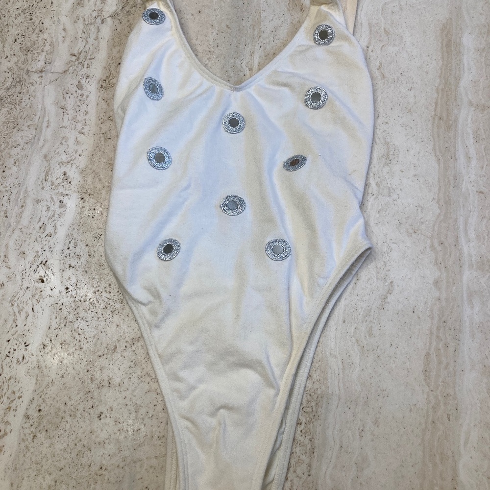 Off-White One Piece Bathing Suit With Round Reflective Embellishments on Front